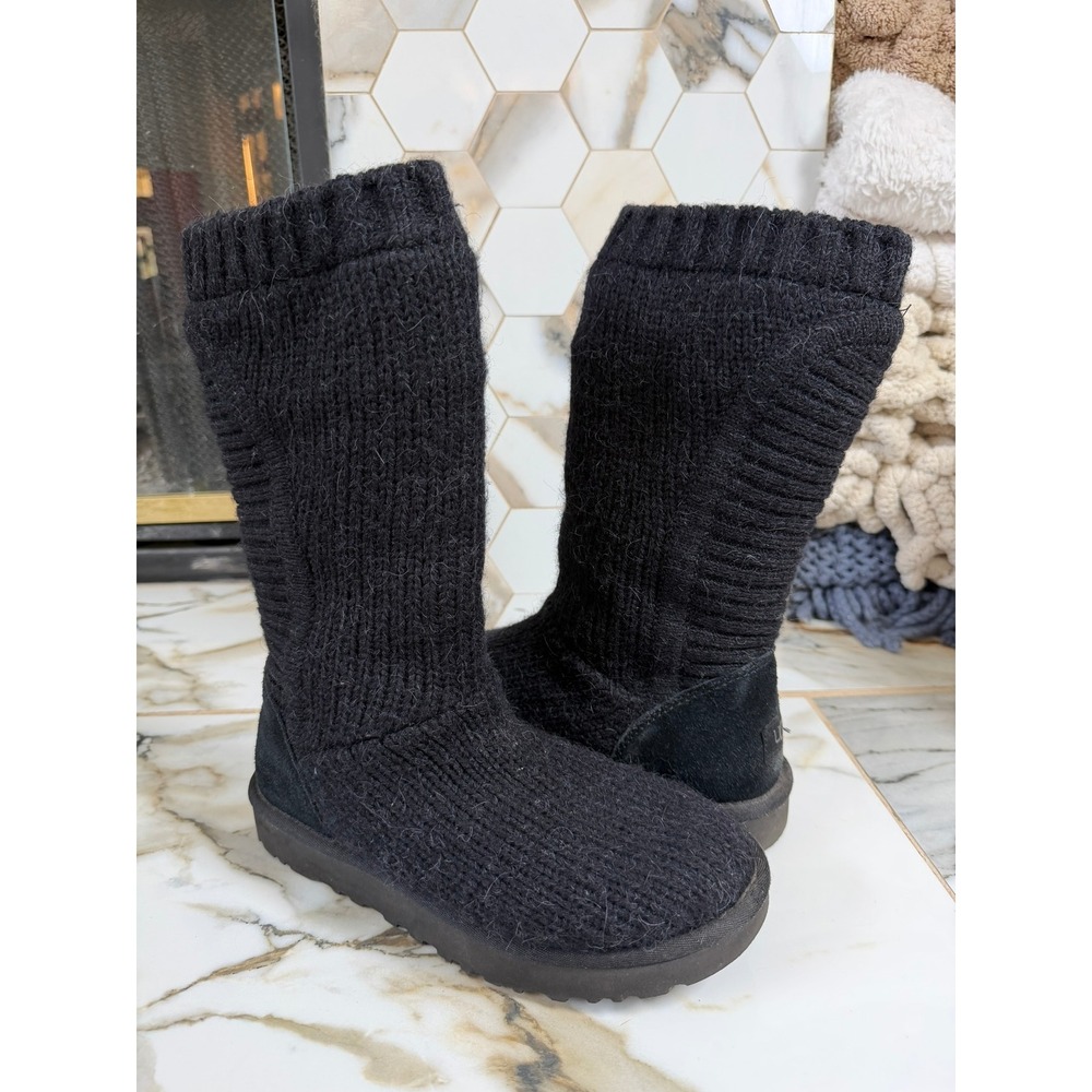 UGG Wool Mid Tall Lattice Cardy Boots Womens 7 Black Knit Sheepskin Lined